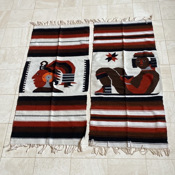 Vintage Aztec God Handwoven Wool 2 Coordinating Mexican Rug, Tapestry or Blanket